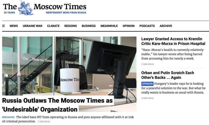 Russian Authorities Ban "Moscow Times" Labeling It as 'Unsuitable'