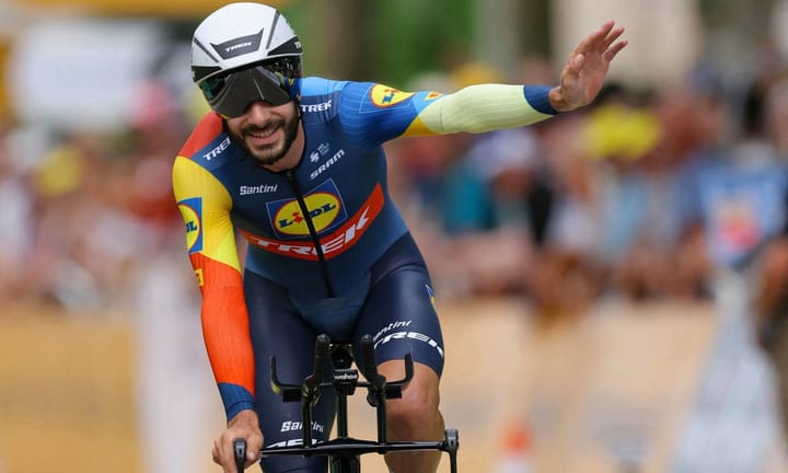 Julien Bernard penalized for pausing to share a kiss with spouse amidst Tour de France time trial event
