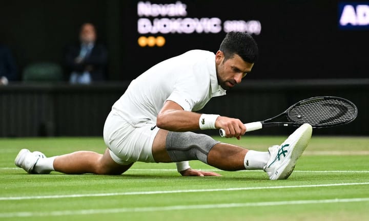 Novak Djokovic executes split leaps on challenging Wimbledon court surfaces yet again.