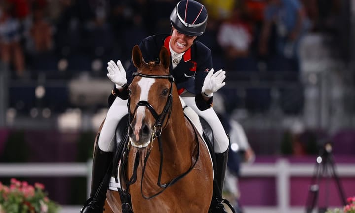 Charlotte Dujardin celebrates successful Olympic history amidst challenging weather conditions.
