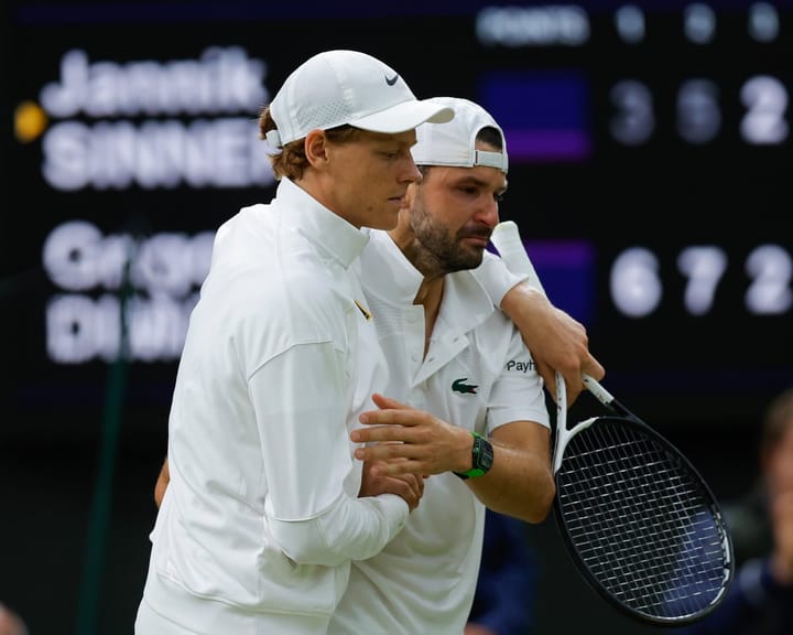"Lucky Sinner advances to quarters after Dimitrov retires ahead in two sets"