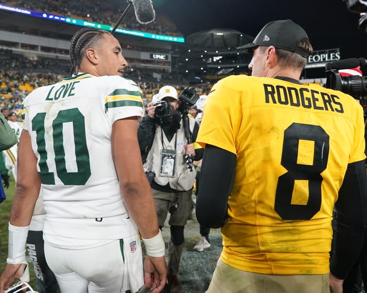Aging Aaron Rodgers reflects on his younger self in the mirror